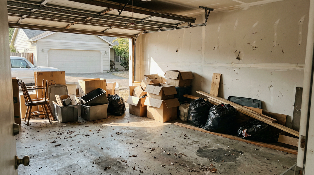 Cluttered garage before junk removal